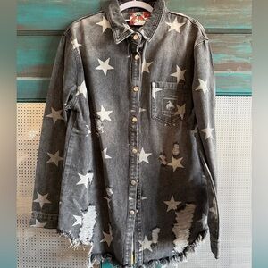 Star Pattern Distressed Jean Jacket by Rodeo Quincy